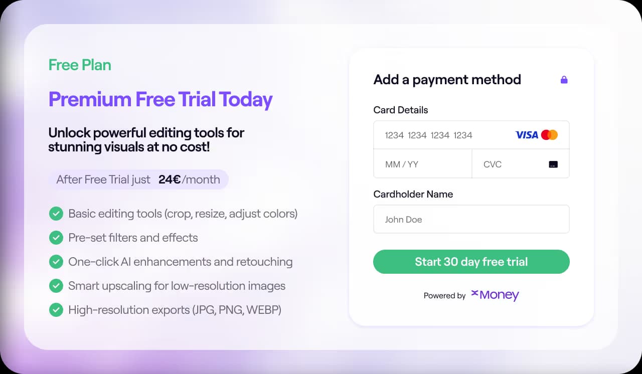 Promotional interface for a 'Premium Free Trial' subscription plan, priced at 24€/month after the trial. The left side lists features like editing tools and AI enhancements, while the right side includes a credit card payment form with a green button labeled 'Start 30 day free trial,' powered by xMoney.