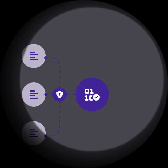 An abstract graphic illustrating secure data flow, with arrows and dotted lines converging into a shield icon and passing to a binary-coded checkmark symbol.