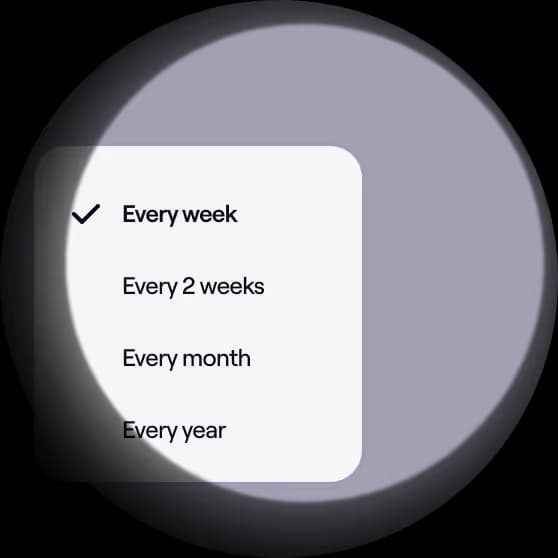 A dropdown menu showing subscription interval options: Every week (selected), Every 2 weeks, Every month, and Every year.