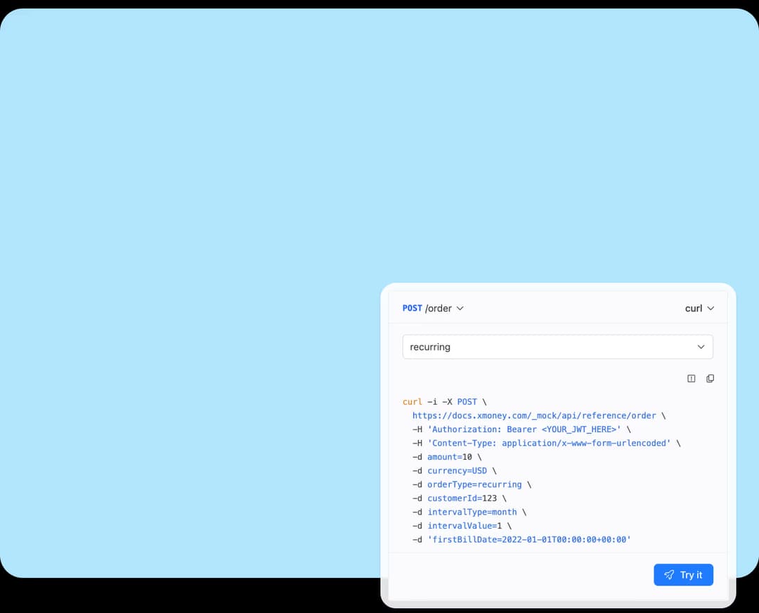 Recurring billing feature interface showing code snippet and response