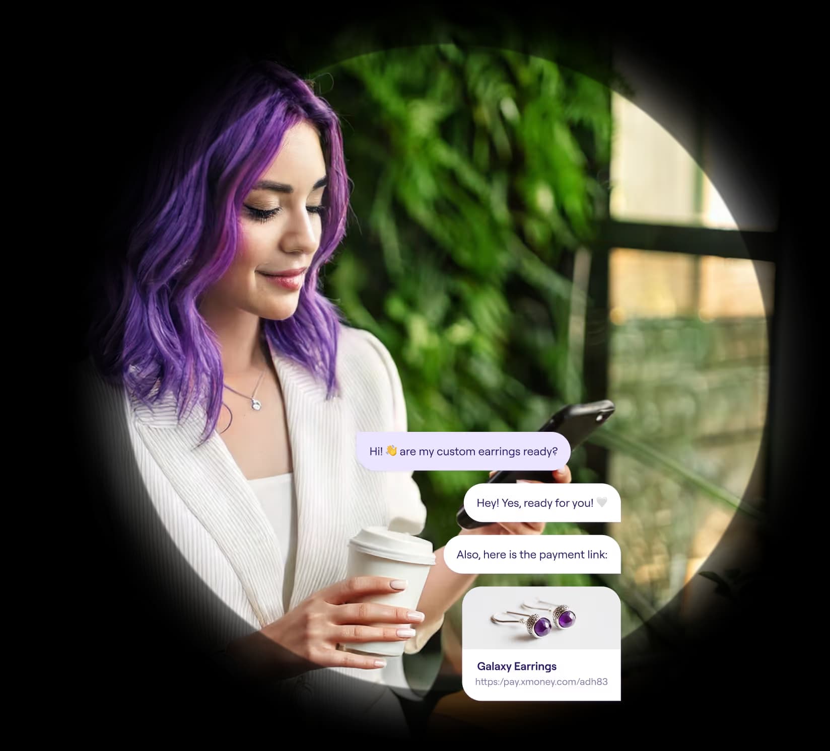 The image shows a woman with purple hair in a café, holding a coffee cup and looking at her phone. The screen displays a chat conversation where the customer asks if her custom earrings are ready, and the seller responds with a link to make a payment for the Galaxy Earrings.