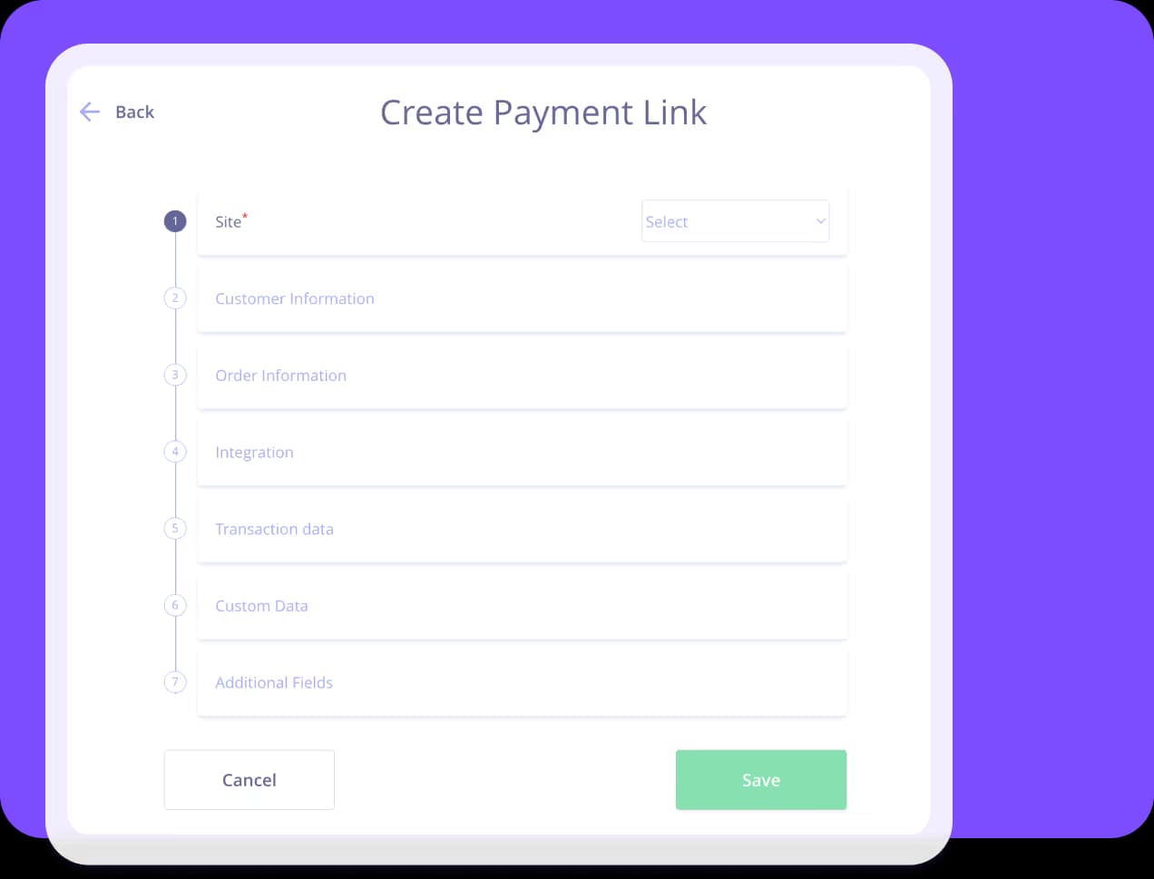 The image displays a web interface for creating a payment link. The form includes several sections such as Site, Customer Information, Order Information, Integration, Transaction Data, Custom Data, and Additional Fields.